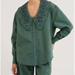 Damson Madder Fontaine striped blouse in green and blue stripe.
